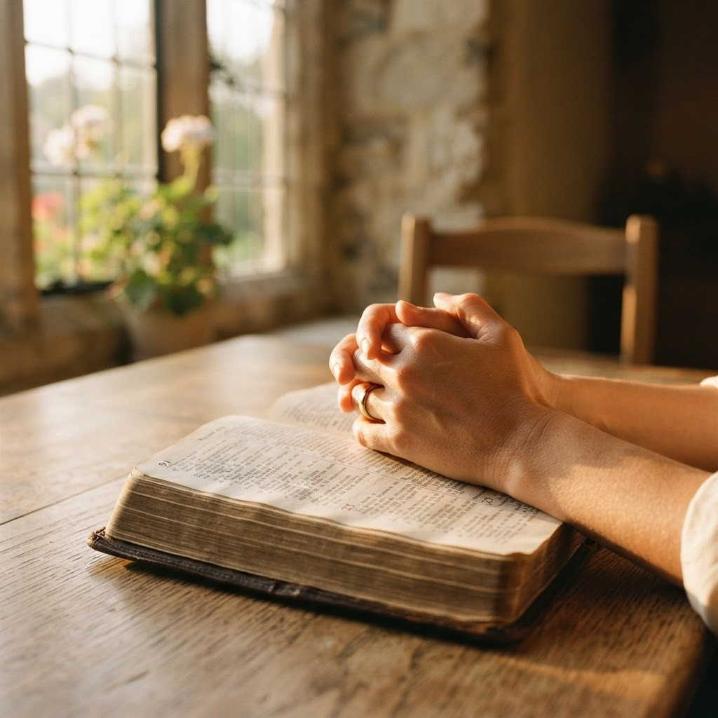 Manos en oración sobre una Biblia con luz del amanecer